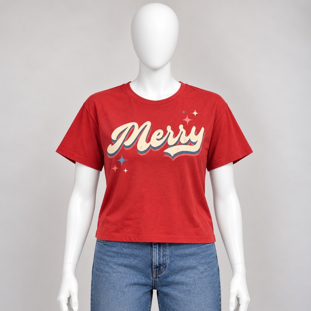 Mighty Fine Merry Graphic Crop Top Womens Medium Red Holiday Short Sleeve Tee